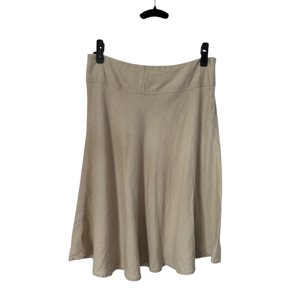 Merona Skirt Size 8 Khaki 100% Linen A Line Casual Wide Waist Trim Side Zip Up